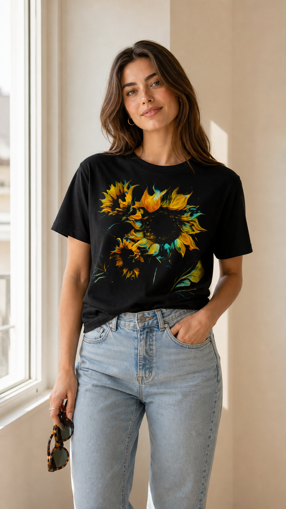 Adult model wearing Celestial Sunflowers Graphic Tee