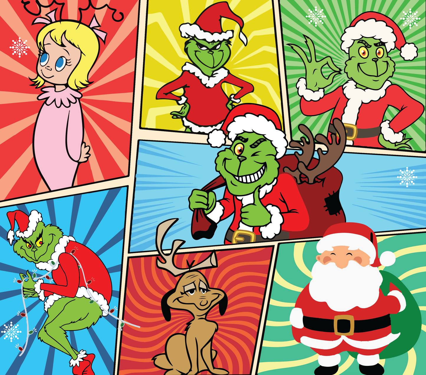 Grinch Holiday Comic Collage Graphic T-Shirt artwork