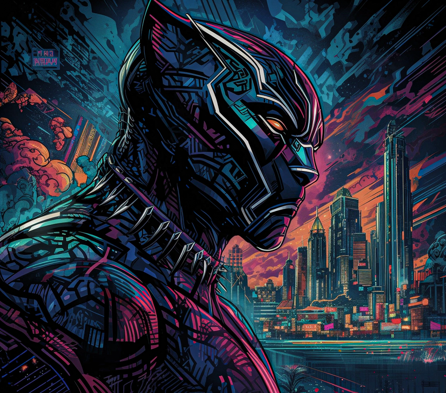 Vibrant Hero Portrait: Futuristic Panther Art Graphic T-Shirt artwork