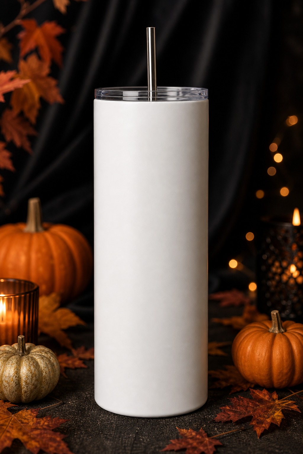 Realistic blank white skinny tumbler product mockup